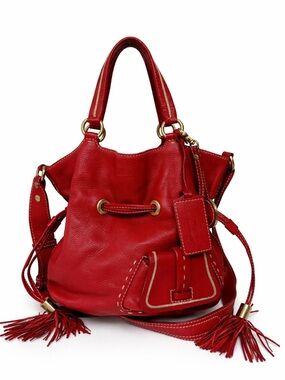 Lancel Red Pebbled Leather Shoulder Bag with Tassel Details